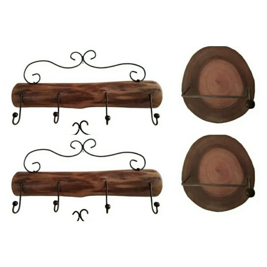 Kit banheiro em madeira rustica 2 papeleiras + 2 cabides de gancho para pendurar toalha