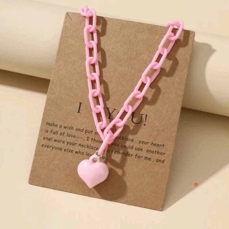 Colar de Corrente Rosa Pingente Coração Biju