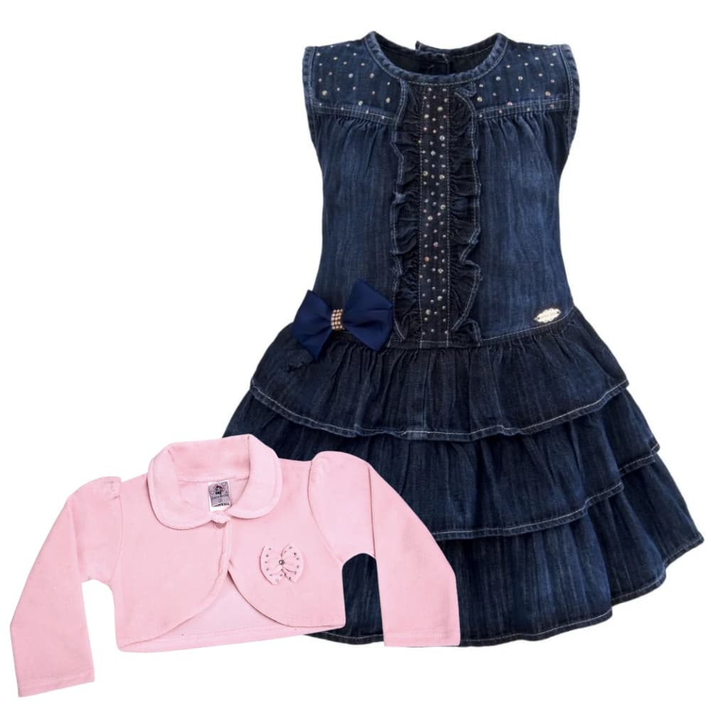 Vestido Infantil Jeans Com Bolero Festa Casamento Aniversário