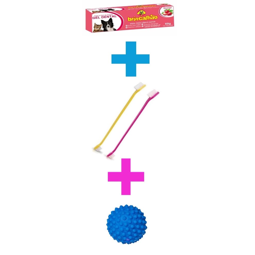 Gel Dental Pasta de Dente Para Cachorro Pet Gato Brincalhão Com Brinde Escova de Dente Dupla Com Duas Unidades Mais Brinquedo Bola Cravinho Azul