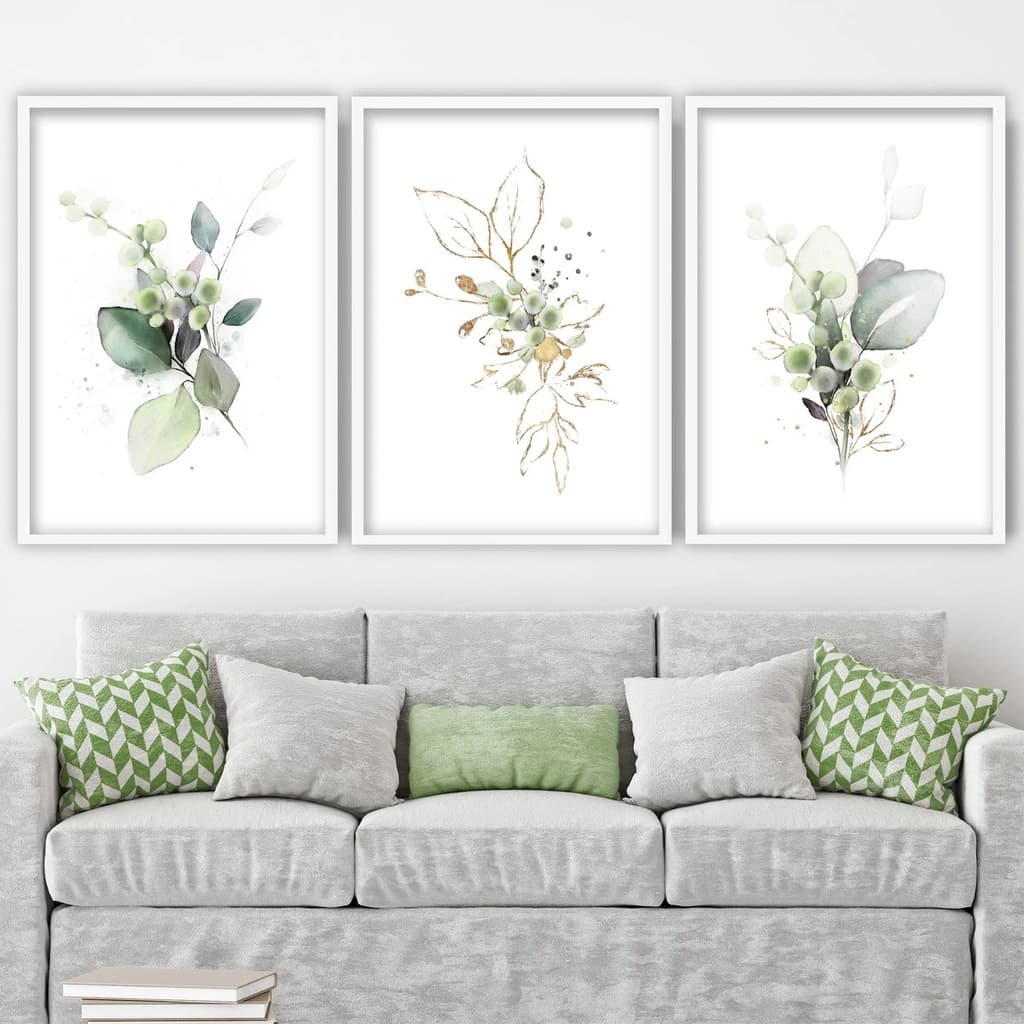 Quadros de decoração para sala - folhas - folhagens - verde - clean - moderno - 3 peças 60x40