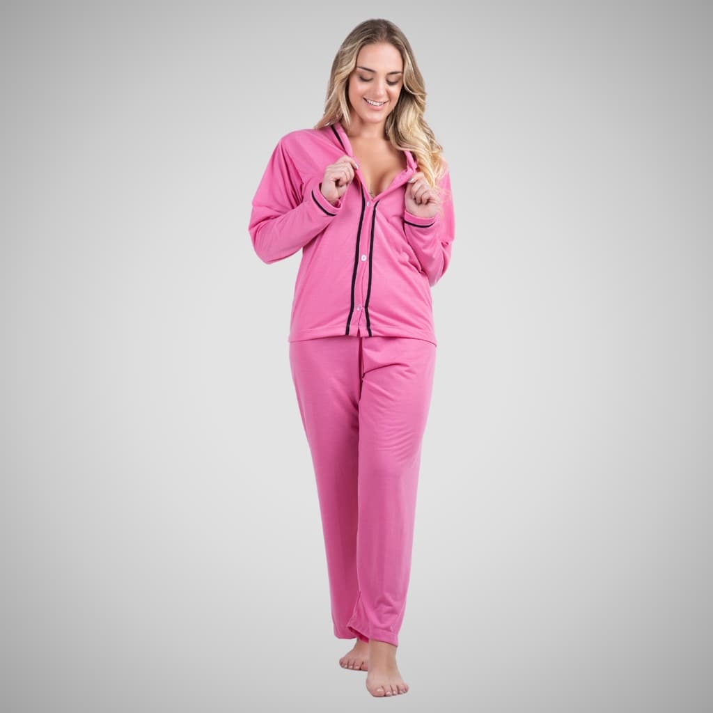 Pijama Longo Botão Confortável Roupa Dormir Amamentação Pós-cirúrgico Feminino Malha Lisa Conjunto Adulto Inverno 354