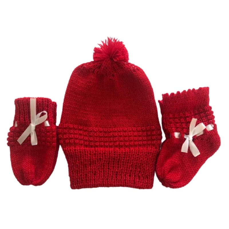 Kit de Bebê com Touca, Luva e Meia Vermelho