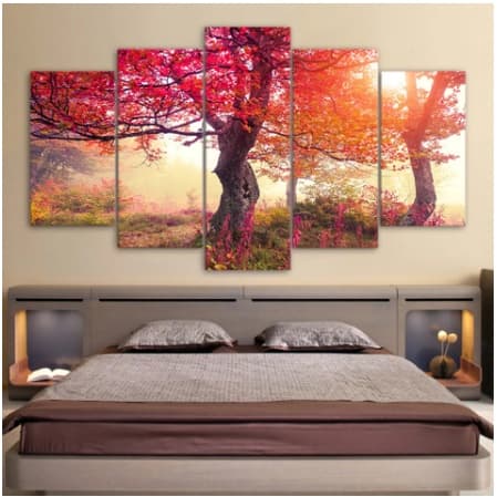 Quadros Decorativos mosaicos 5 peças 1,80 x 0,65 Arvore petalas vermelhas no campo para sua casa, quarto ou sala
