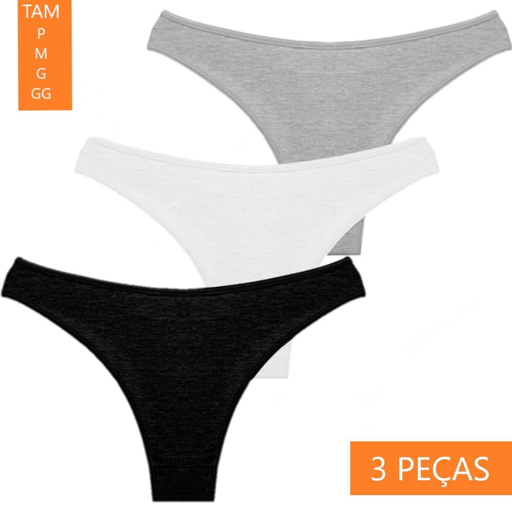 Kit 3 Calcinhas Conforto Algodão Modelo Tanga Casual PRETAS BRANCAS E CINZAS fina mazela