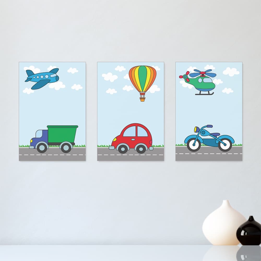 Kit 3 Quadros Decorativos Carrinhos Infantil Quarto Menino Bebe Placas Decorativas  - 0115ktpl