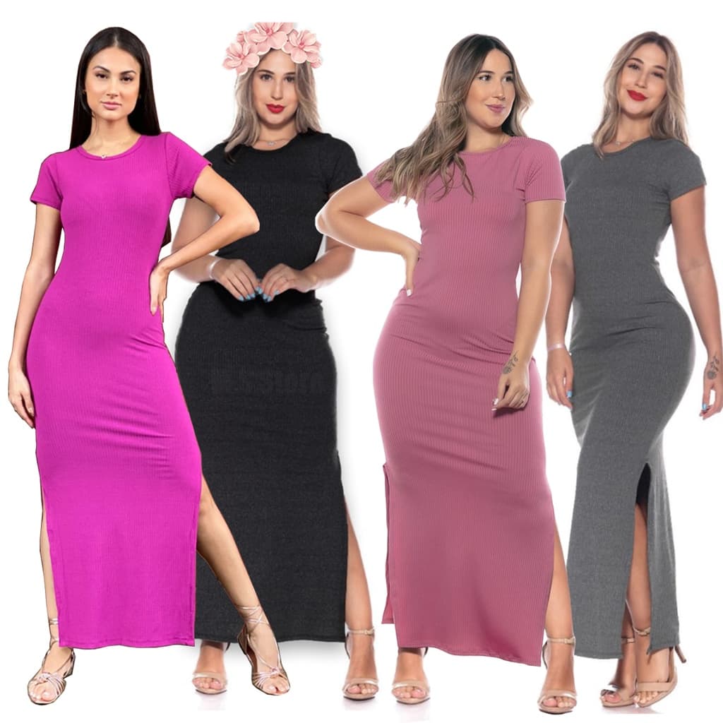 Vestido Longo Canelado com Manga Curta Feminino