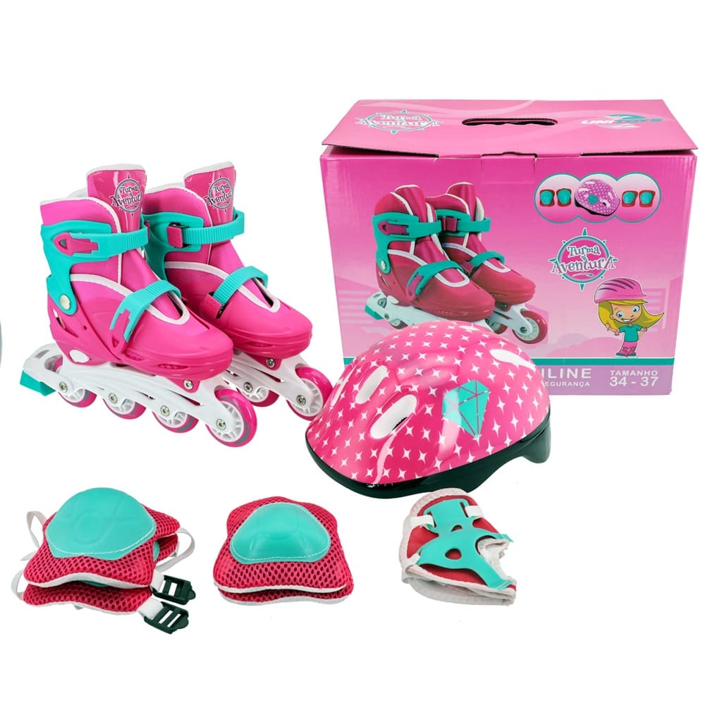 Patins In Line Infantil Feminino + Capacete Joelheira E Cotoveleira 34-37