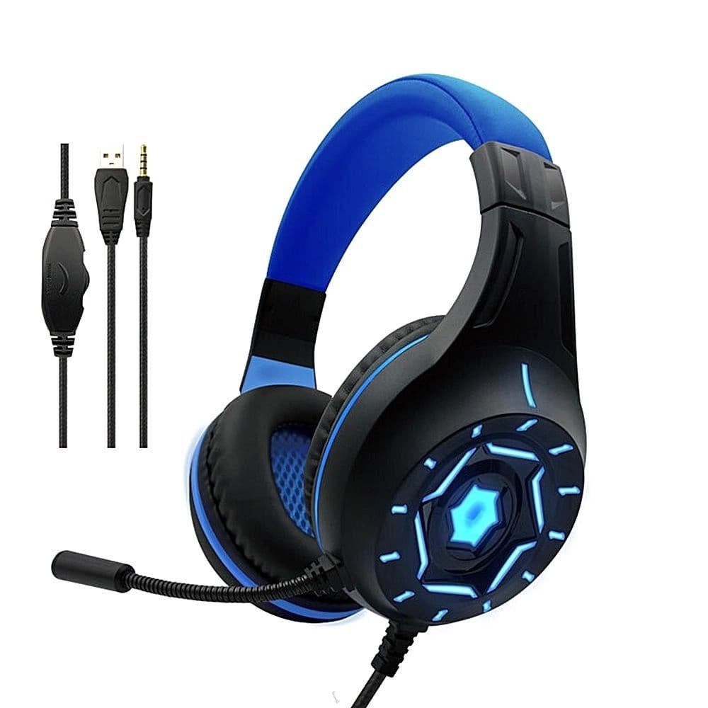 Headphone Headset Gamer com LED Azul para PS4 Xbox one Pc Notebook Smartphone Fone de ouvido para jogos Estéreo com fio de 3,5 mm com Microfone Redução de Ruído - Azul