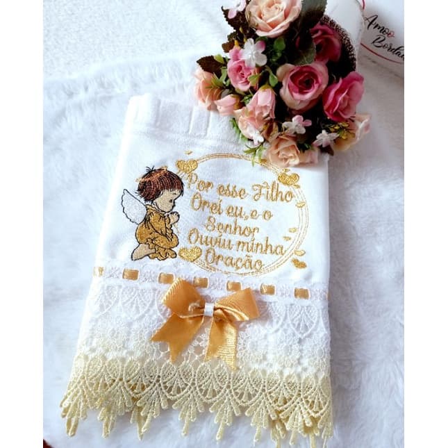 toalha de batizado toalha personalizada toalha oração anjinho da guarda toalha para presentear toalha bordada Eucaristia