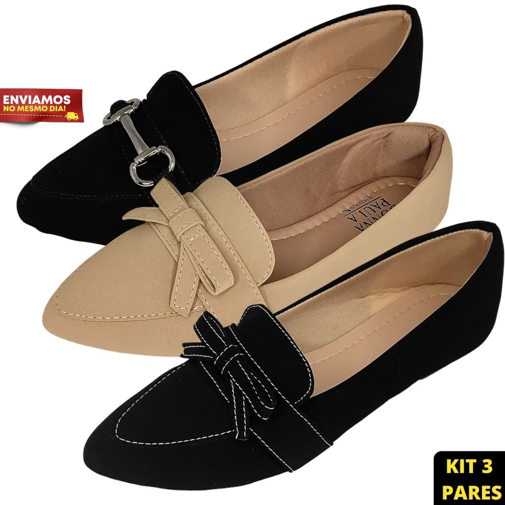 Kit Sapatilha Feminina 3 Pares Bico Fino Mocassim Feminino Sapato Feminino Casual Social Feminina Oferta