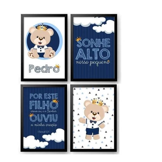 Kit Com 4 Quadros Decorativos Do Tema Ursinho Príncipe Nome Personalizado Criança Infantil