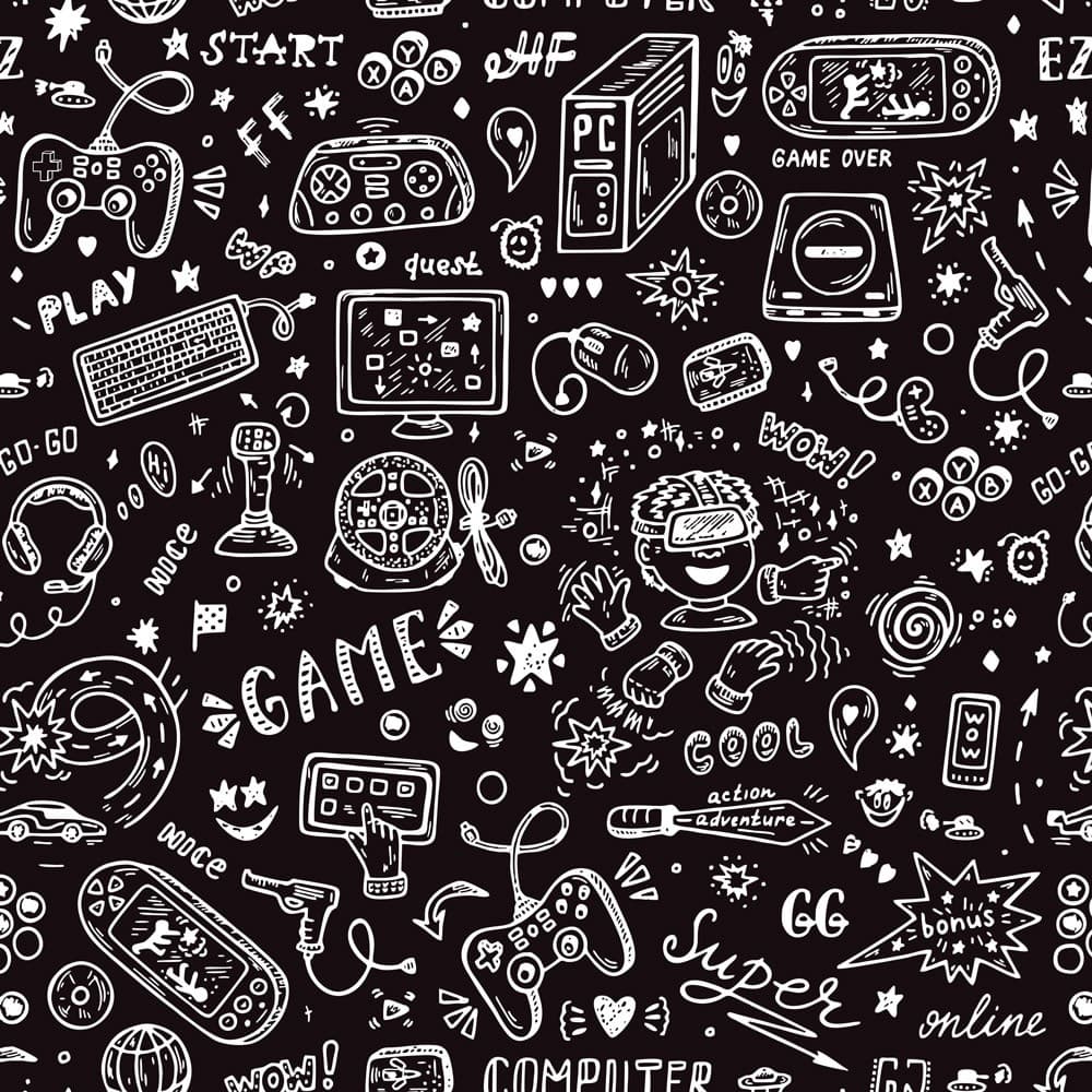Papel de Parede Adesivo Teen Game Fundo Preto desenhos em branco