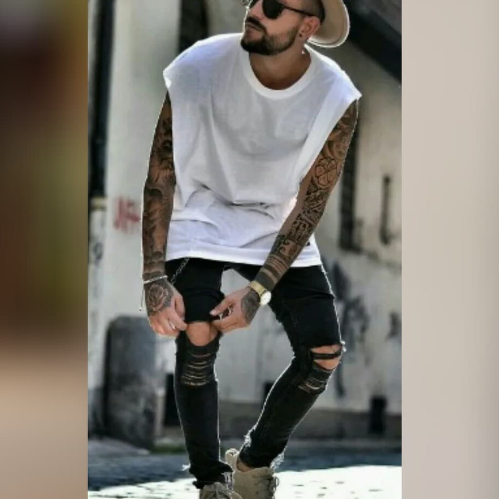 Calça Jeans Premium Masculina Skinny Rasgada Abaixo Joelho Calça masculina jeans preta skinny