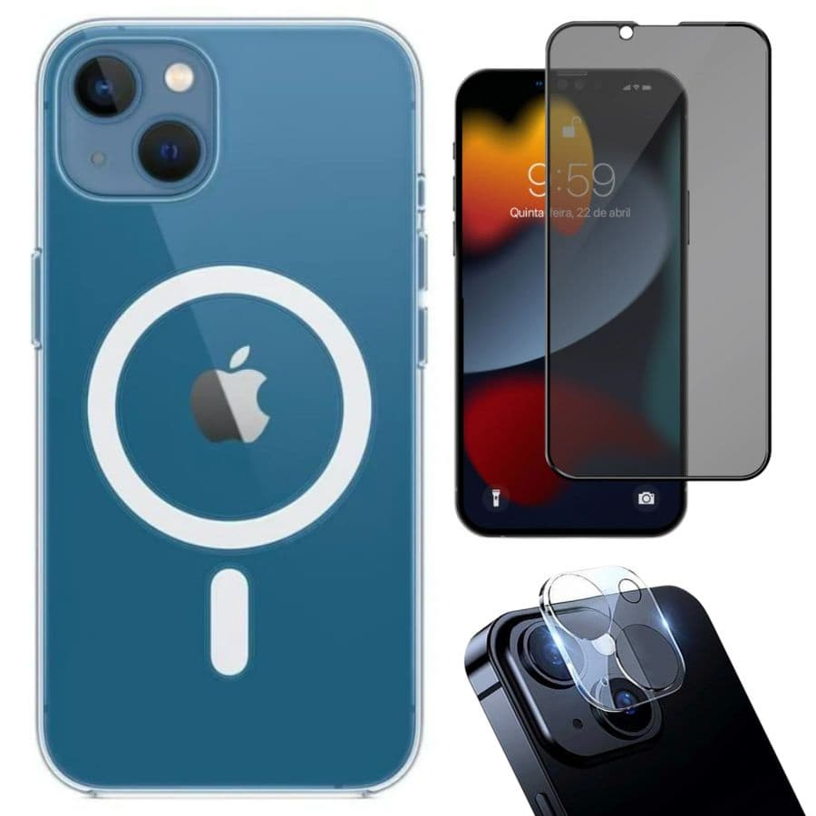 Kit 3em1 Para iPhone 14 / Capa Com MagSafe + Pelicula de Vidro 3D Anti-Espiao + Pelicula de Camera