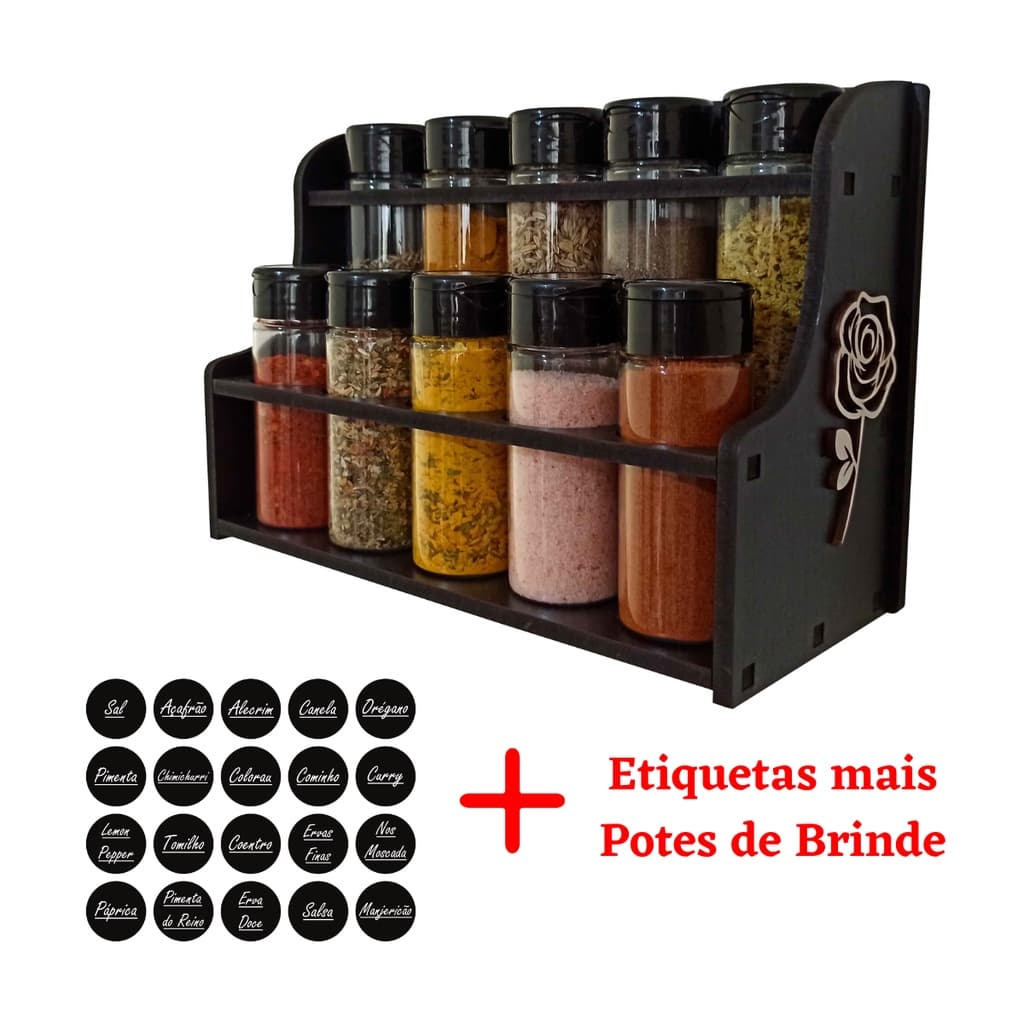 Porta Temperos de Mesa ou Parede com 10 Potes com Tampa mais Etiquetas  em Mdf Pintado