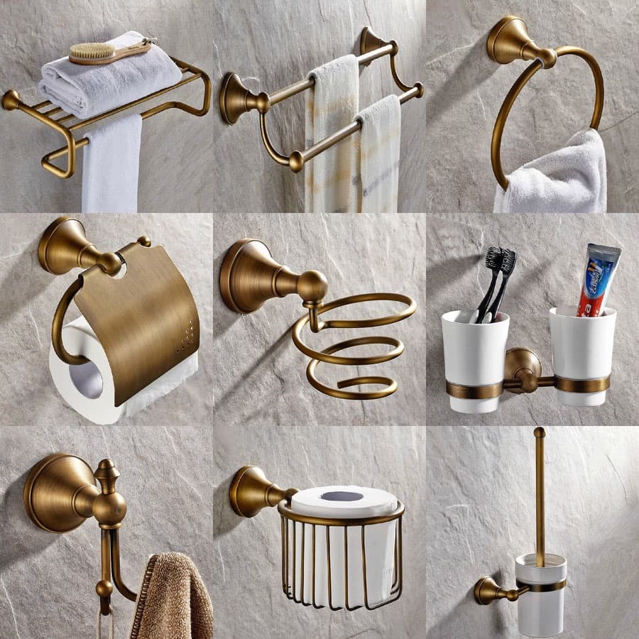 Conjunto De Acessórios De Banheiro De Parede De Latão Antigo Suporte De Toalha De Hardware De Banho Escova De Dentes Vas
