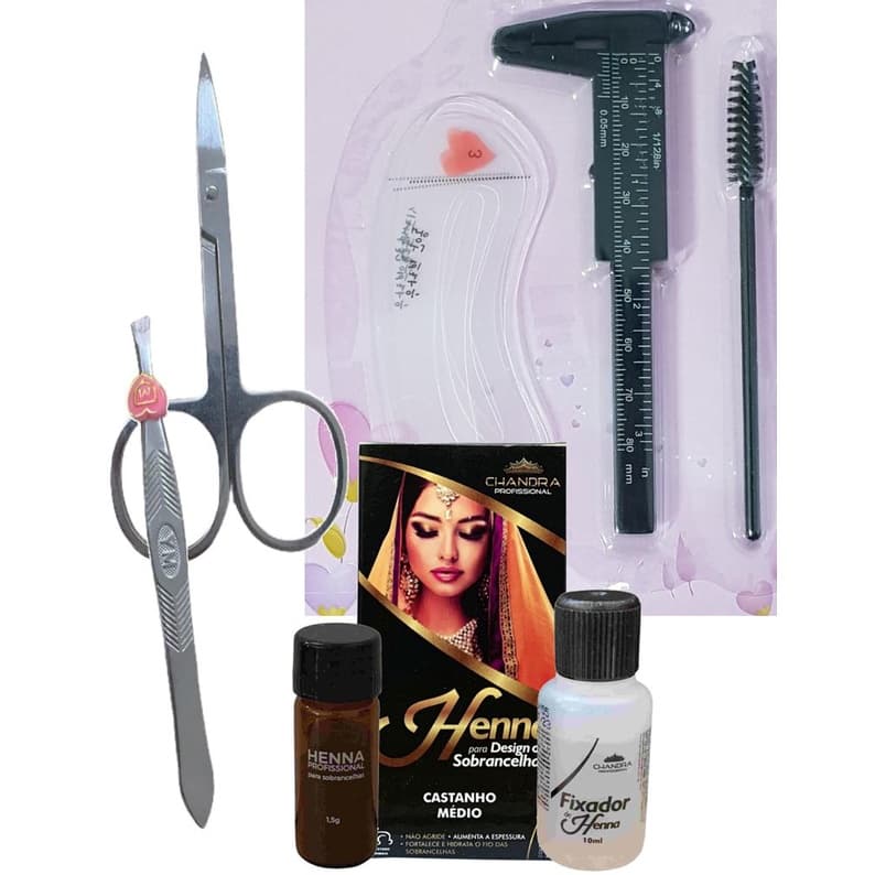 kit henna sobrancelha profissional chandra renna rena moldes escovinhas paquimetro tesoura e pinca