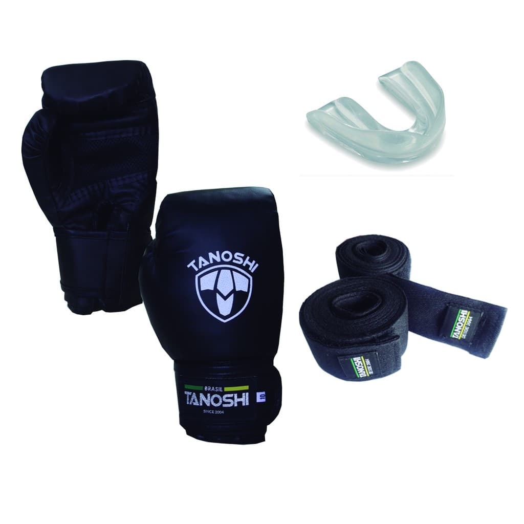 Kit Boxe preto Luva Boxe + bandagem + bucal TANOSHI para MuayThai Sanda Kick luta