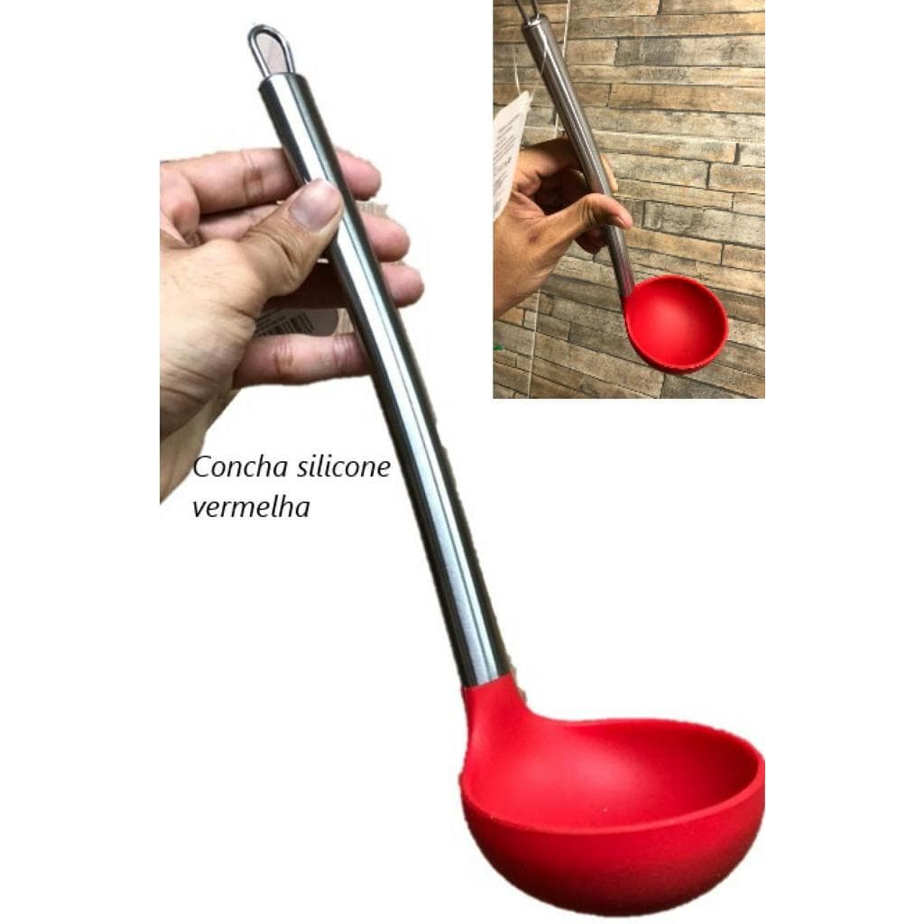 Concha de feijão para cozinha em silicone e aço inox vermelho 30cm