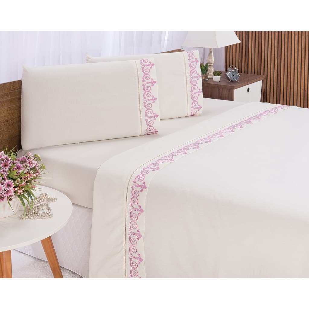 Jogo de Lençol para Cama Solteiro e Casal Bordado com Ponto Palito Percal 400 Fios Algodão