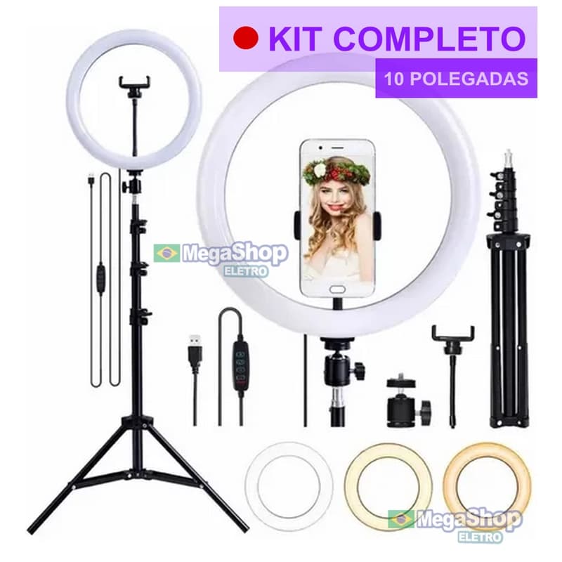 Iluminador Ring Ligth Anel Luz 26cm 10 Polegadas Com Tripé E Suporte Para Celular Kit Completo