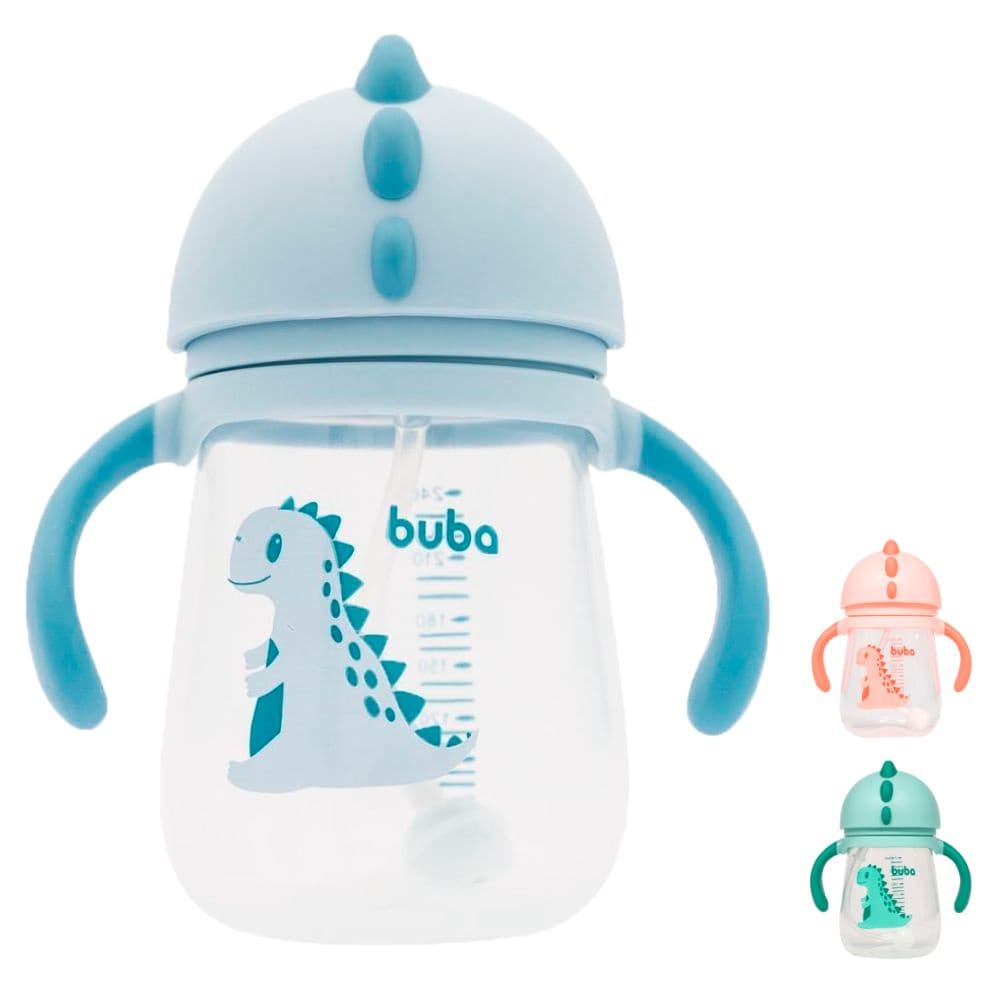 Copinho Para Bebe Infantil Crianças Água Suco Transição Treinamento Canudo E Válvula 240 ml Dino Buba