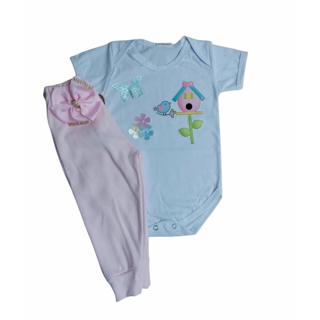 Kit Conjunto Body Manga Curta Para Bebê Menina Mesversário + Calça + Laço Jardim Encantado