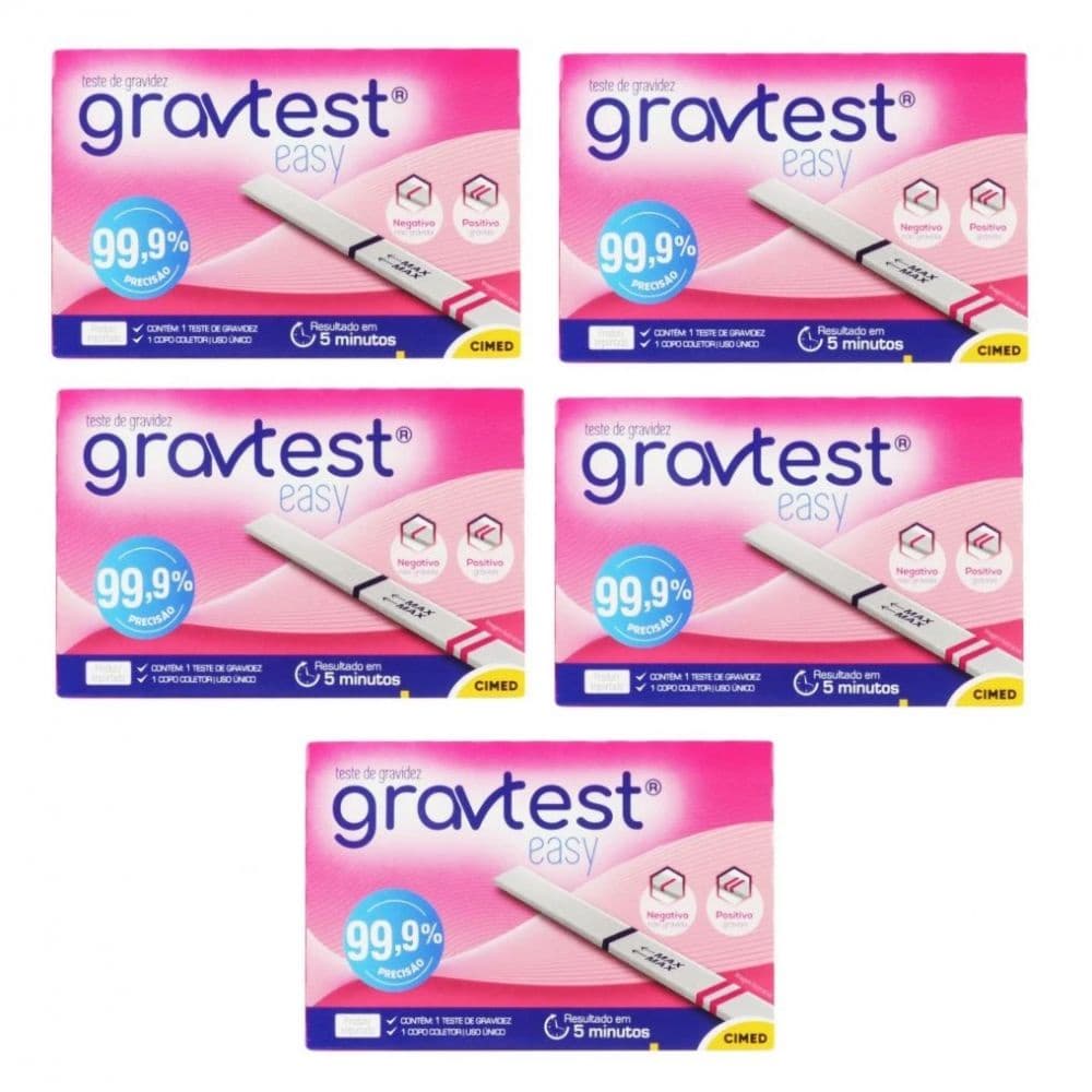Kit com 5 Unidades Teste de Gravidez Gravtest Easy Precisão 99,9% Original Cimed Oferta
