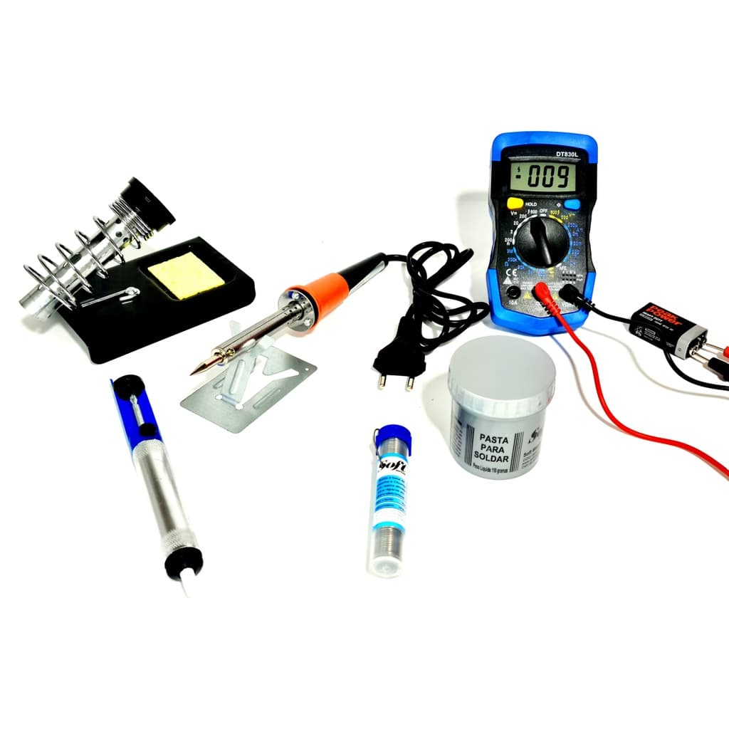 KIT DE SOLDA COMPLETO FERRO DE SOLDA 30W 110V + MULTIMETRO DIGITAL DT830L + SUPORTE PARA FERRO + PASTA + ESTANHO + SUGADOR