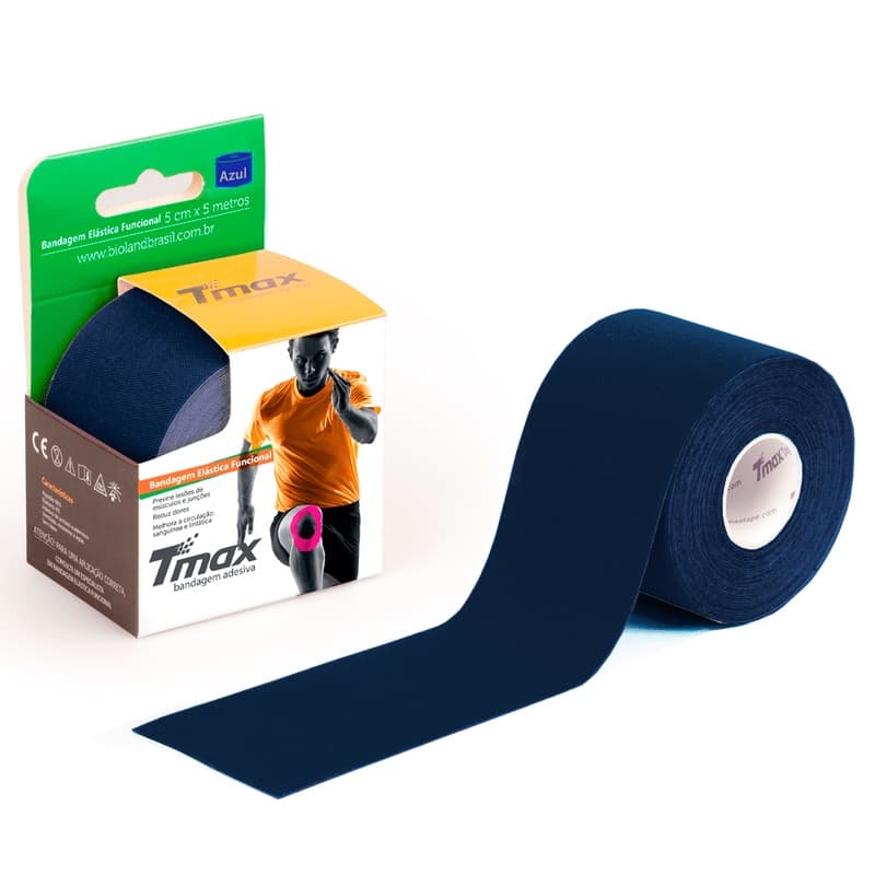 Fita Kinesio Tape Tmax Bandagem funcional Elástica Pós Cirúrgico e Terapêutica 5Cm X 5m Azul Marinho