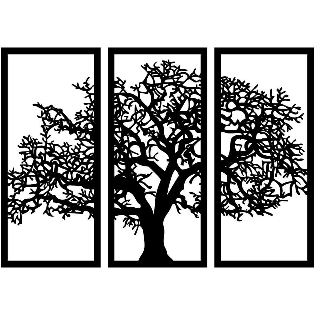 Trio de Quadros Decorativos Árvore da Vida MDF Preto Fosco