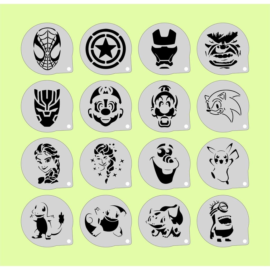 Stencil Personagens (4) Infantis Kit 16 Moldes 7x7cm