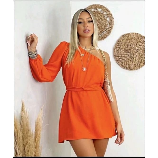 Vestido macaquinho ombro só tecido duna feminino - tamanho único tendencia verão 2023