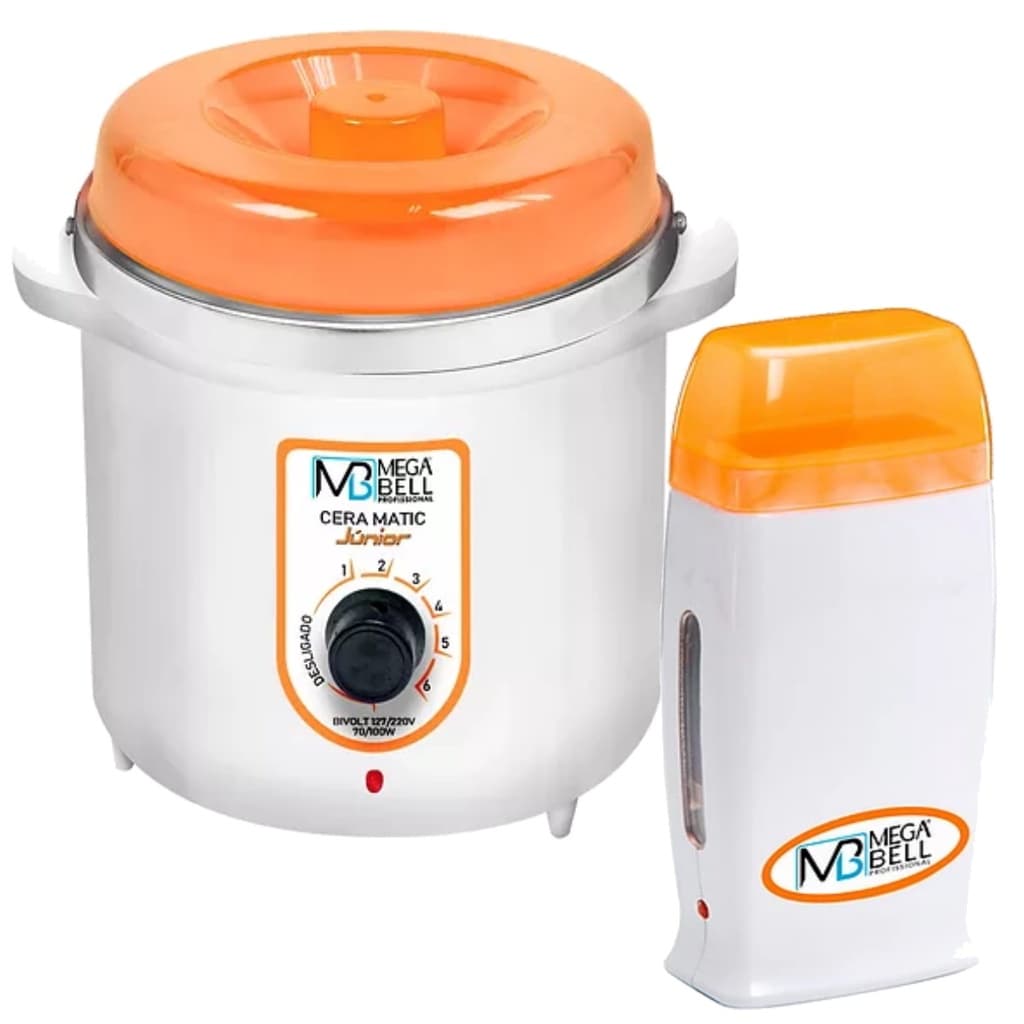 Kit Depilação Termocera 400g Sem Refil Branca e Laranja + Aquecedor de Cera Rollon Laranja Mega Bell
