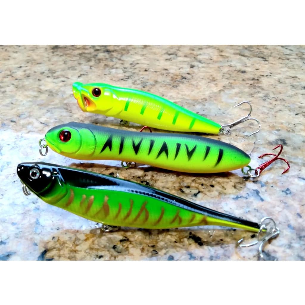 Kit Verdinho Três Iscas Artificiais De Superfície Para Pesca De Traíras Dourados, Tucinarés ...
