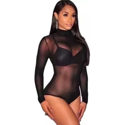 Body de tule transparente  manga longa preto gola baixa