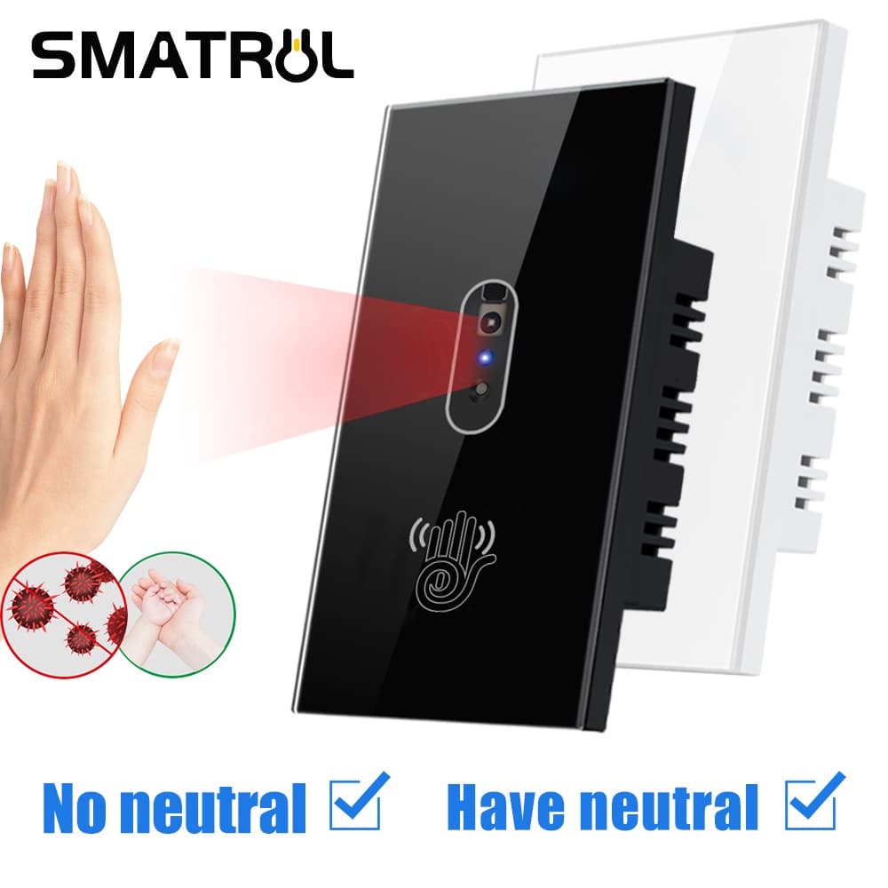 SMATRUL No Fio Neutro IR Interruptor De Luz De Parede Onda Sensor Infravermelho Sem Necessidade Toque Eua 110 V 220 Tela De Vidro Do Painel De Energia Elétrica On Off Lâmpada