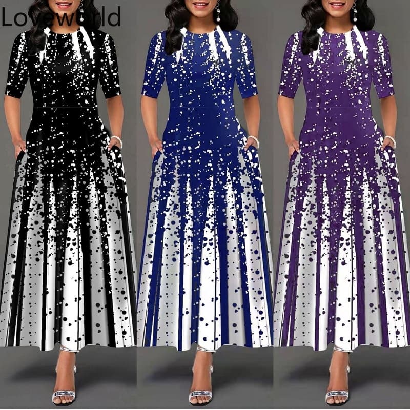 Vestido Feminino O Pescoço Gradiente Estampa De Verão Manga Curta Maxi Longo
