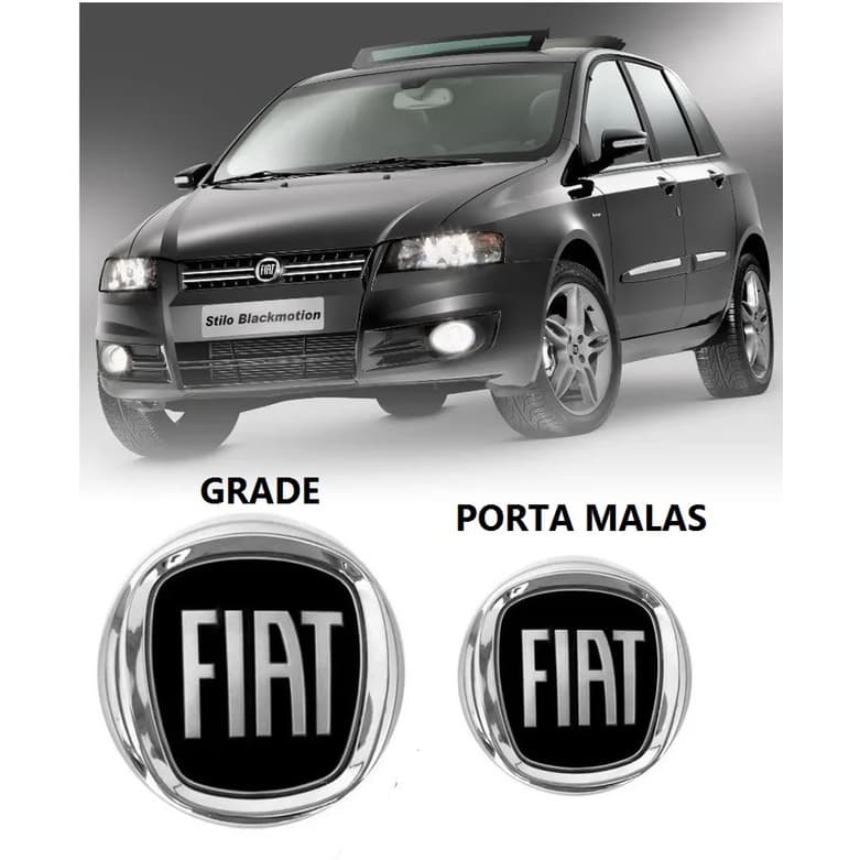 Kit emblemas Grade e Porta Malas Fiat Preto Black Piano Stilo 2002 até 2010 Blackmotion Abarth Sporting logotipo Simbolo