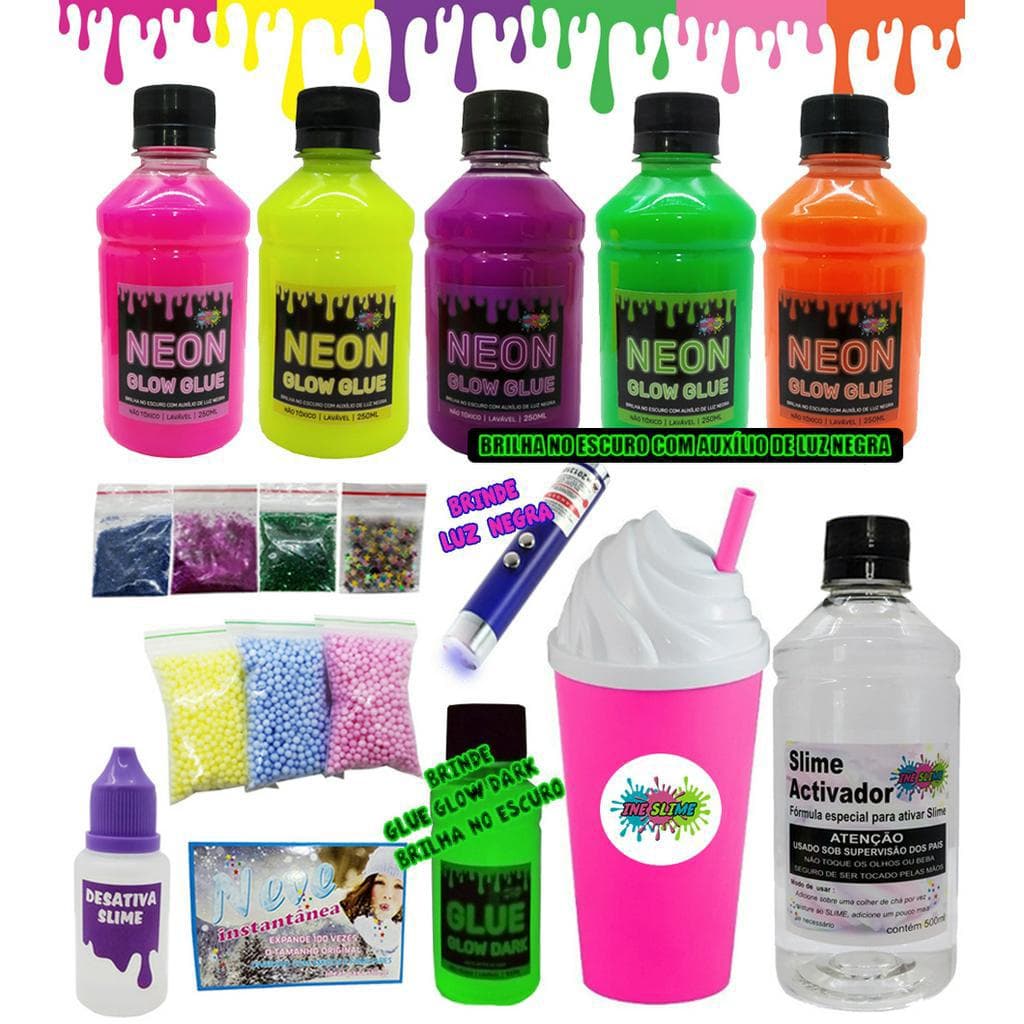 Kit Slime Neon fluffy + Desativador + Lanterna Luz Negra + Copo Ine Slime