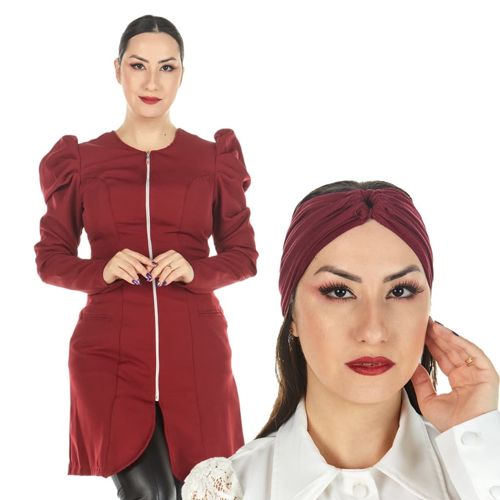 Jaleco Feminino Acinturado Manga Longa Princesa Bufante Marsala + Turbante Esteticista Salão Beleza