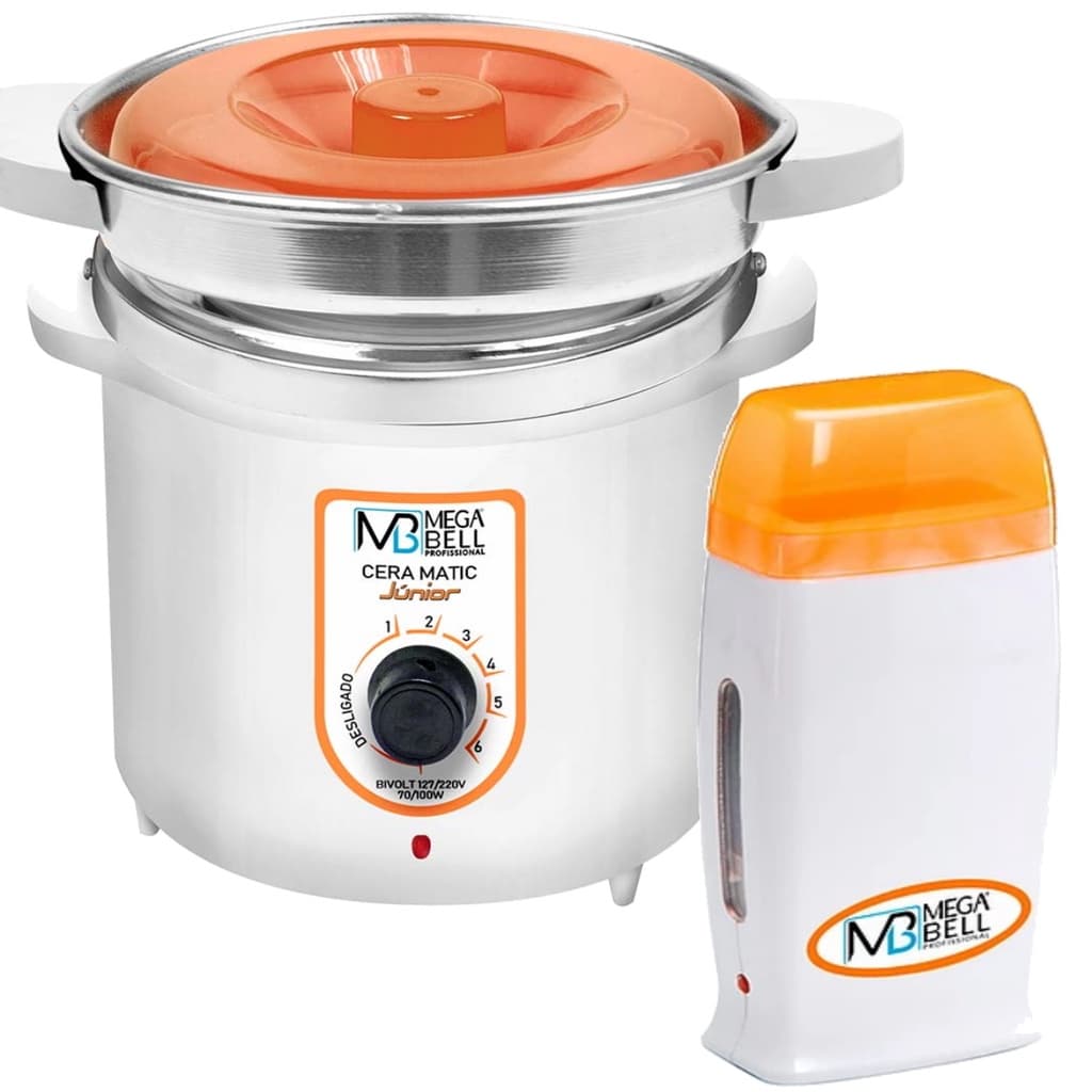 Kit Depilação Termocera 400g c/ Refil Branca e Laranja + Aquecedor de Cera Roll-on Laranja Mega Bell