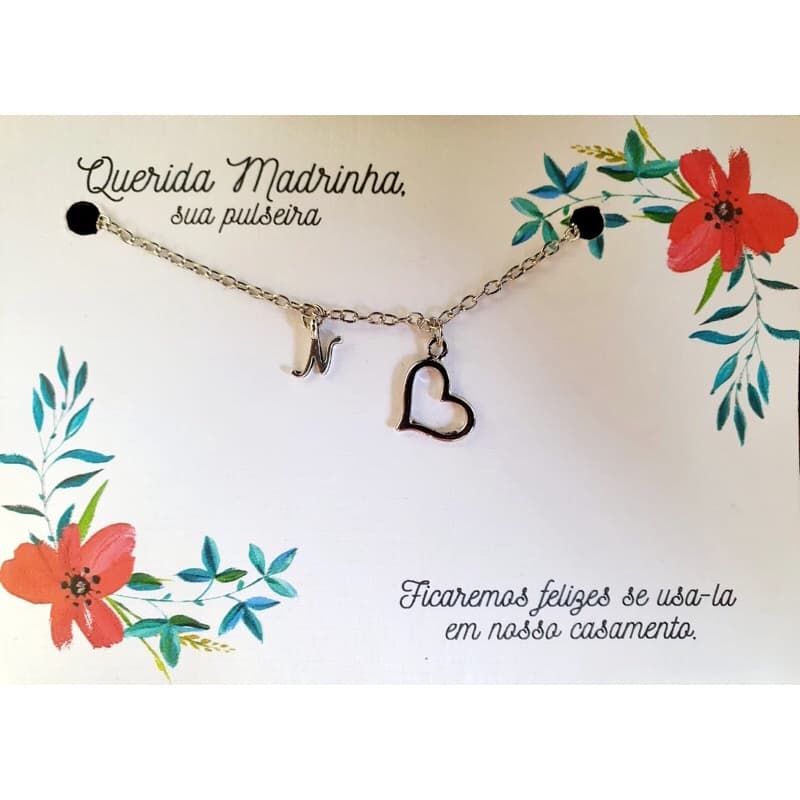pulseira com letra inicial do nome para Madrinha e Daminha de Casamento - cor prata