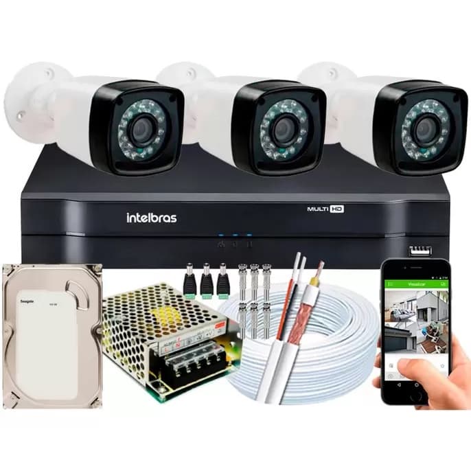 Kit 3 Cameras Segurança 1080p Full Hd Dvr Intelbras 4ch c/hd