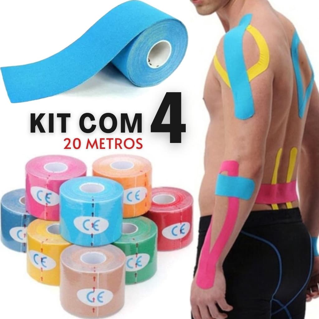 Kit 4 rolos fita elástica bandagem funcional kinesio tape 5 metros fisioterapia esporte atletismo