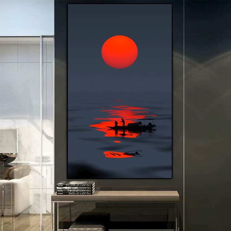 quadro decorativo 1 peça lua cheia vermelha mar abstrata decoração