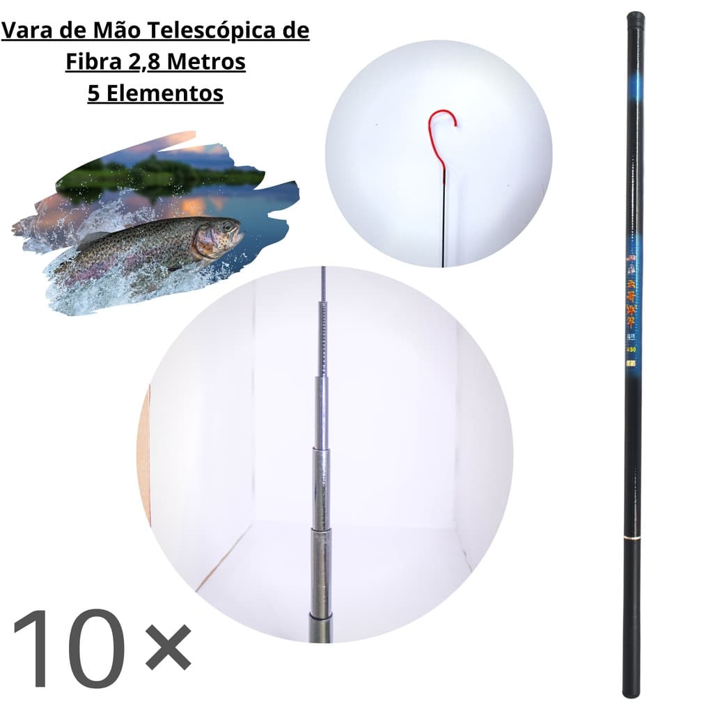 Kit 10 Varas De Pesca Tilápia Azul - Telescópica De Fibra 2,8 M
