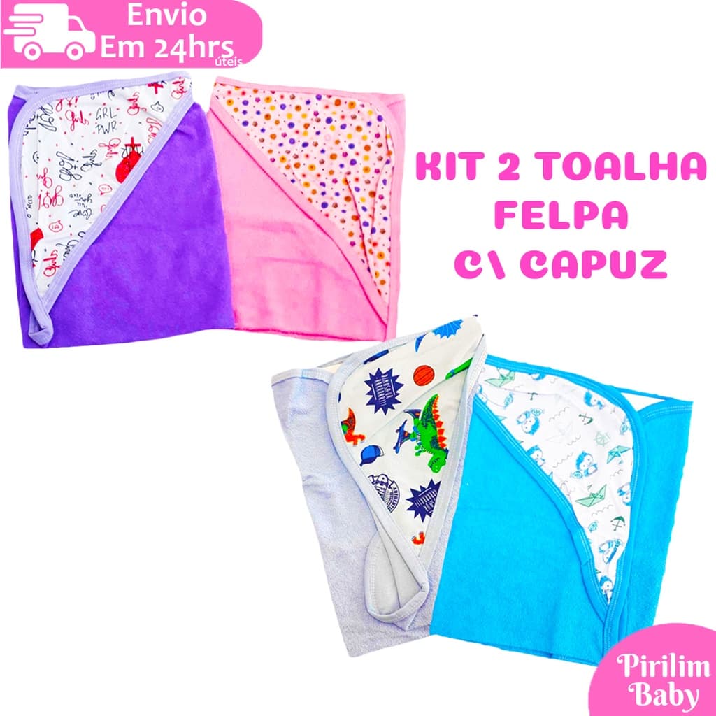 Kit 2 Toalha de Banho Bebe Em Felpa com Capuz Triangular 50cm x 60cm estampado