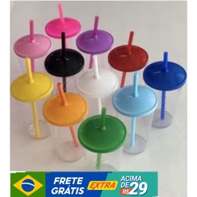 50 Copos Acrílico Twister 500ml C/ Tampa e Canudo Coloridos 50 Unidades